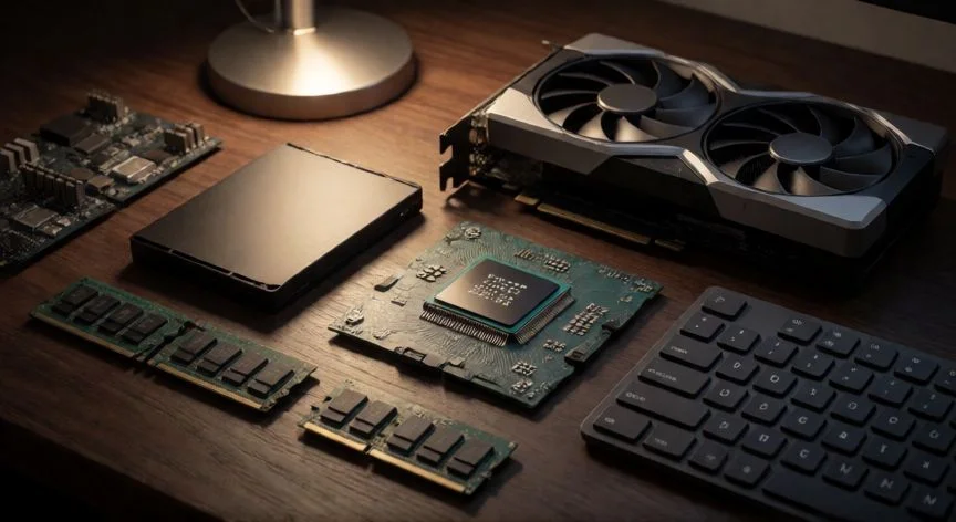 que es el ordenador hardware, Componentes de hardware de ordenador dispuestos sobre un escritorio