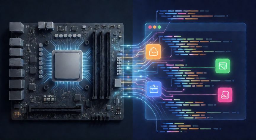 qué es el ordenador software, Ilustración conceptual de la diferencia entre hardware y software en un ordenador