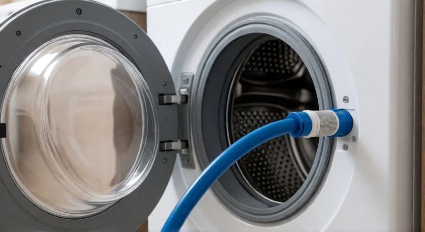 Detalle de la conexión de la manguera de agua en una lavadora