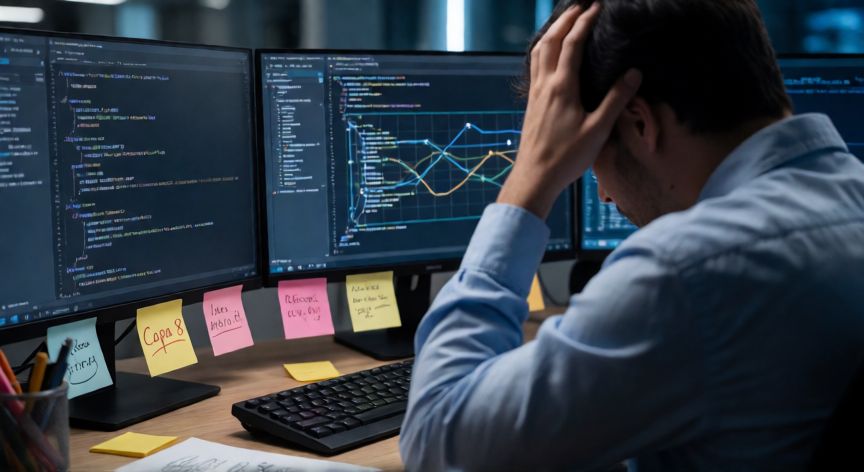 Técnico de informática frustrado frente a la pantalla con notas de error de capa 8