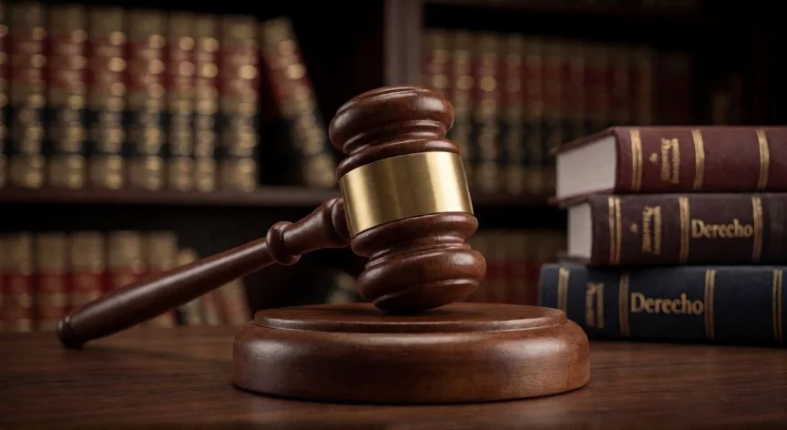 Martillo judicial y libros de derecho en un tribunal