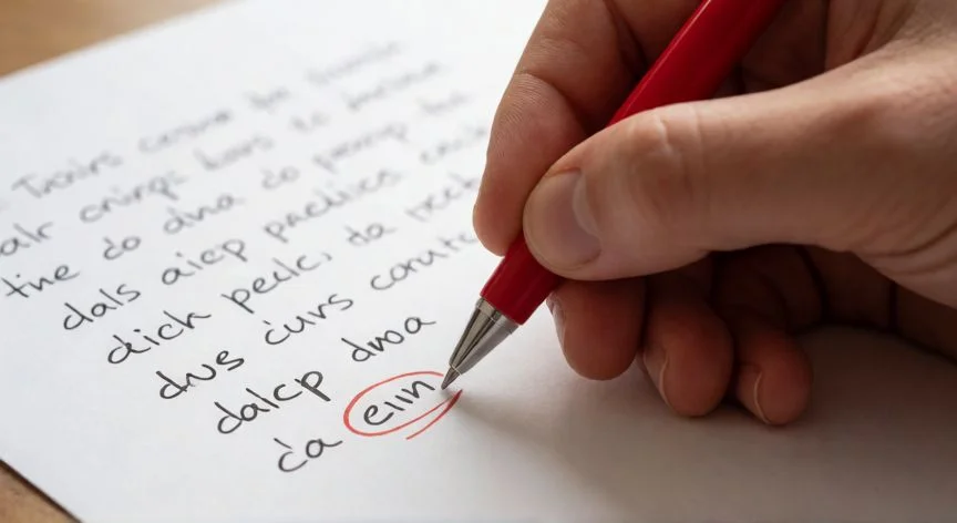 Mano escribiendo 'barco' en un cuaderno con plumín y corrección en rojo