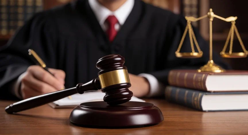 Martillo de juez y balanza de justicia en un tribunal español