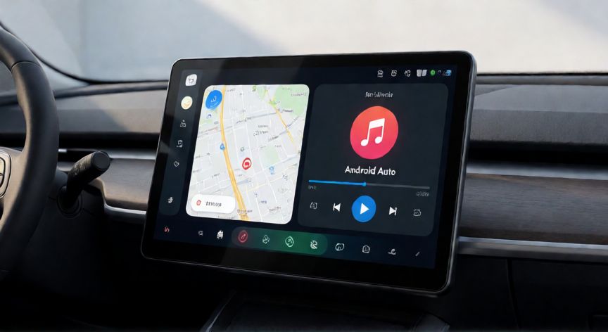 que es for android auto, Pantalla de Android Auto en el salpicadero de un coche moderno mostrando mapa y música