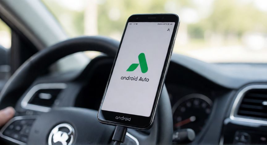 que es for android auto, Teléfono móvil Android conectado al coche por cable USB con la app activa