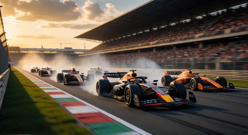 que es formula 1, Carrera de Fórmula 1 con monoplazas a alta velocidad en un circuito con público