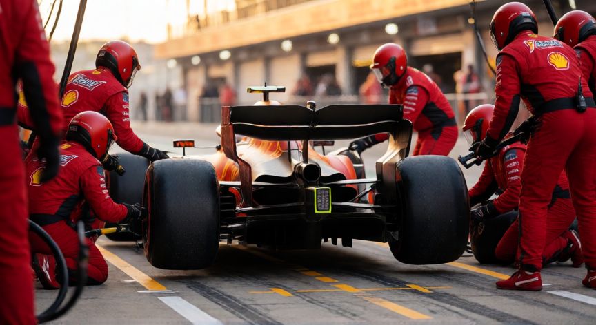 que es formula 1, Parada en boxes de un monoplaza de Fórmula 1 con el equipo de mecánicos trabajando