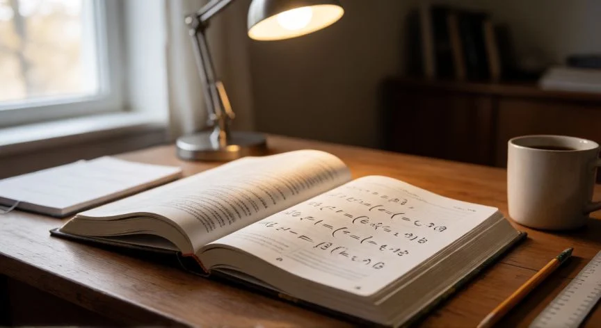 Libro de matemáticas abierto mostrando la ecuación número 69 en un escritorio de estudio