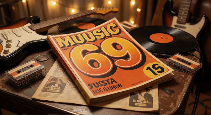 que es formula 69, Revista de música retro de los años 70 con el número 69 en la portada, rodeada de vinilos y cintas de casete