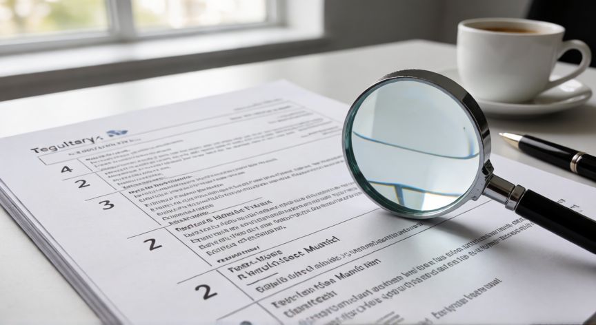 Documento técnico con secciones numeradas bajo una lupa