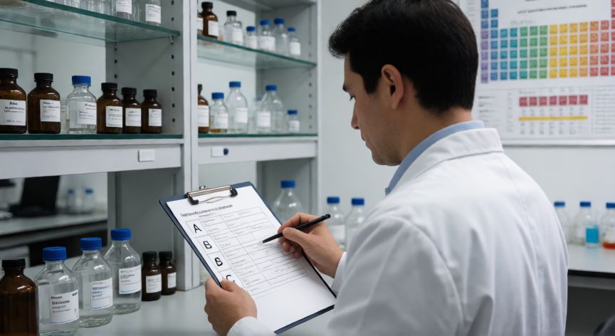 que es formula 69a, Técnico de laboratorio revisando hojas de formulación numeradas