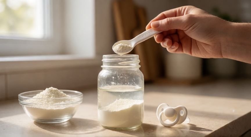 que es formula infantil, Manos preparando fórmula infantil en un biberón de cristal con agua tibia