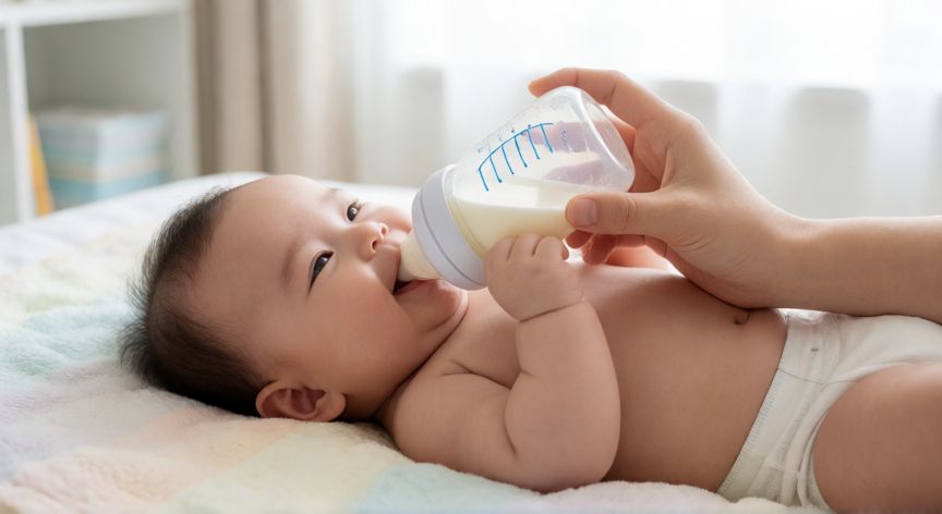 que es formula infantil, Bebé siendo alimentado con biberón de fórmula infantil sobre una manta suave