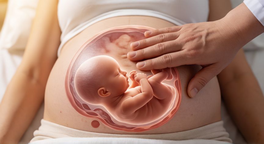 Matrona realizando la maniobra de Leopold en el abdomen de una mujer embarazada para determinar la fórmula obstétrica