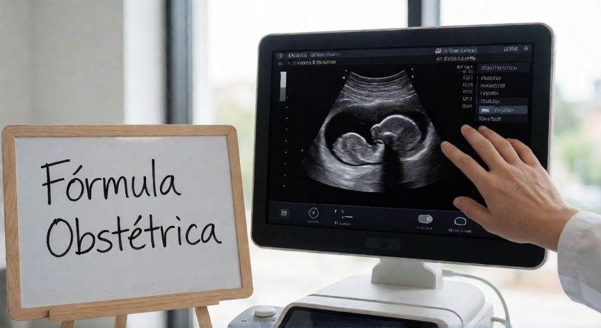 que es formula obstetrica, Ecografía obstétrica mostrando la posición cefálica fetal con ficha de fórmula obstétrica en la consulta