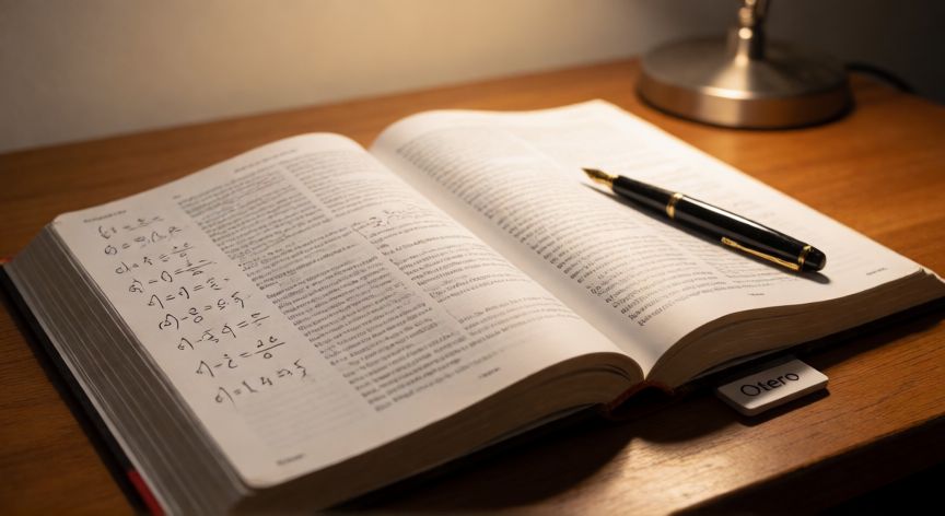 que es formula otero, Libro de texto académico abierto con fórmulas matemáticas anotadas a mano y una pluma estilográfica sobre la mesa