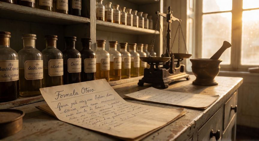 que es formula otero, Banco de trabajo de farmacia antigua con frascos de vidrio y una tarjeta de receta manuscrita con el nombre Fórmula Otero