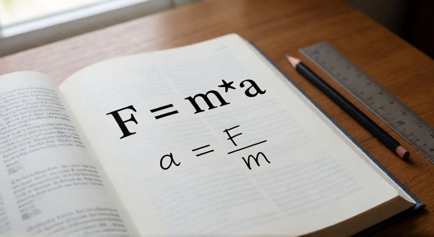 Libro de física abierto mostrando una fórmula y su despeje paso a paso sobre un escritorio