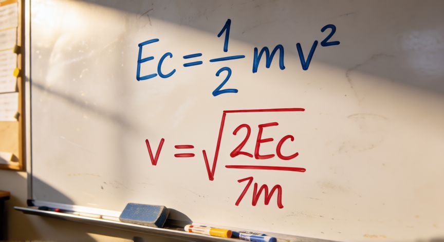 que es fórmula y despeje en física, Pizarra de clase con la fórmula de energía cinética y el despeje de la velocidad v paso a paso
