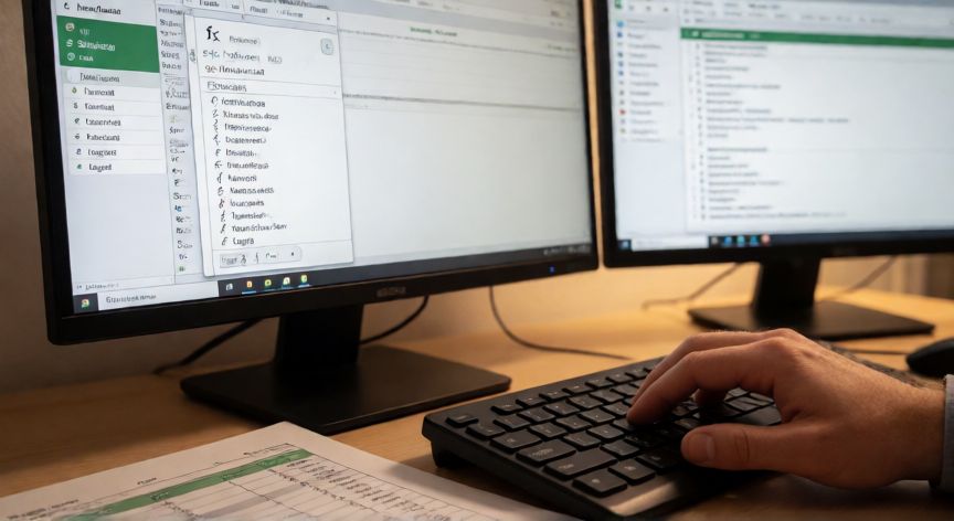 que es formula y funcion en excel, Persona usando el asistente de funciones fx en Excel con la lista de categorías de funciones visible