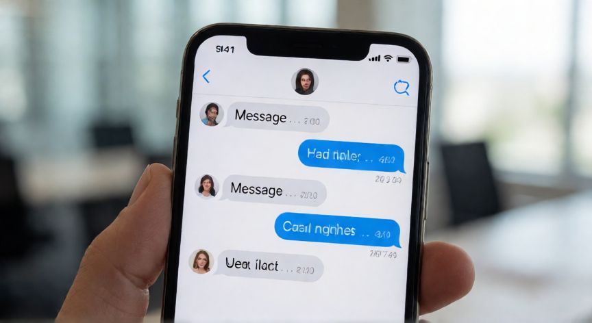 Pantalla de iPhone mostrando la app Mensajes con burbujas azules de iMessage activo