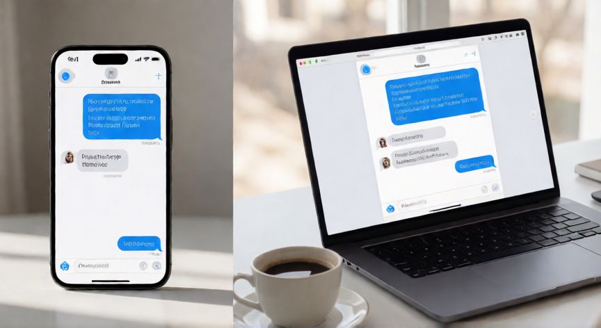 que es imessage iphone, Sincronización de iMessage entre iPhone y Mac mostrando la misma conversación en ambas pantallas