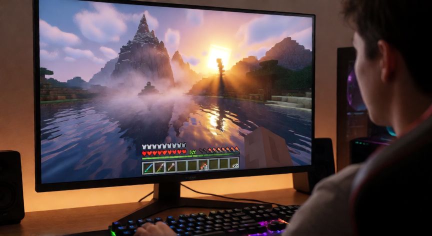 que es iris minecraft, Minecraft con shaders Iris activos mostrando efectos de iluminación y niebla volumétrica en un atardecer