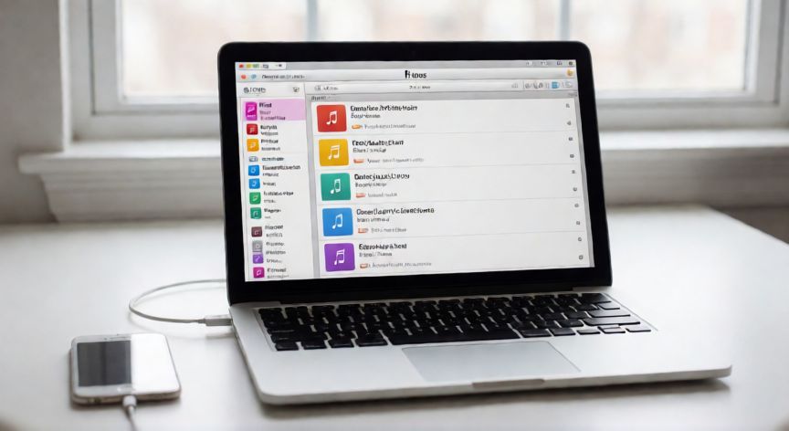 Ordenador con iTunes abierto y un iPhone conectado por cable en un escritorio moderno