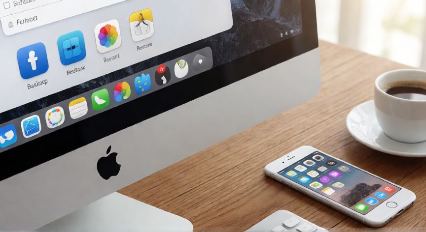 que es itunes iphone, Pantalla de Mac mostrando Finder gestionando un iPhone y el dispositivo físico sobre la mesa