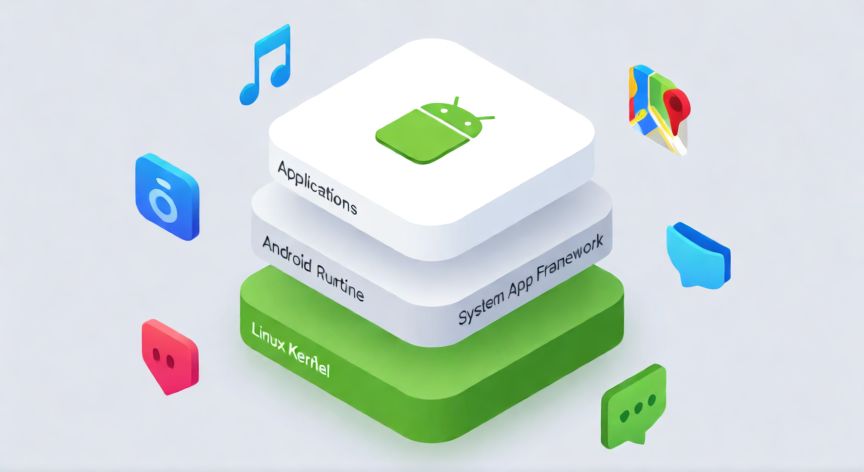 qué es la android, Diagrama isométrico de la arquitectura por capas del sistema operativo Android