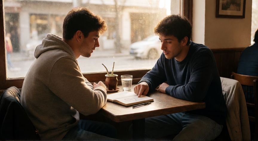 que es la formula 69 en uruguay, Grupo de jóvenes uruguayos conversando en una cafetería con un apunte marcado con el número 69