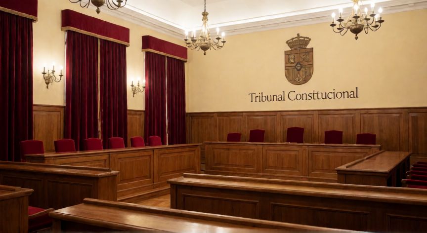 Salón de sesiones del Tribunal Constitucional español con emblema institucional