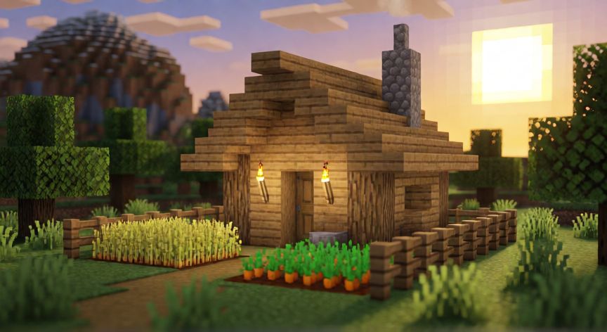 qué es la minecraft, Cabaña de bloques estilo Minecraft en un bioma verde al atardecer