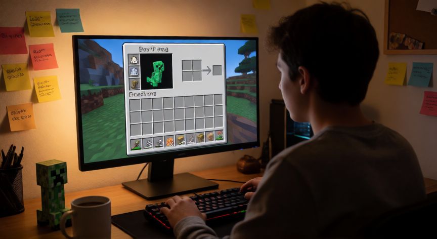 qué es la minecraft, Jugador en su escritorio con la interfaz de fabricación de Minecraft visible en pantalla