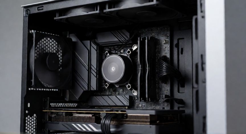 que es la ordenador, Vista interna de un ordenador mostrando la CPU y componentes principales