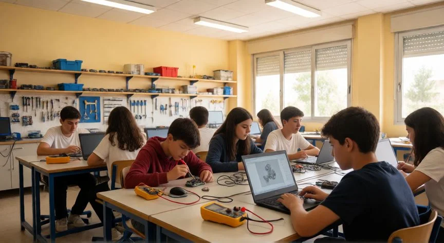 Aula de Tecnología en 1º ESO con alumnos trabajando en circuitos y diseño 3D