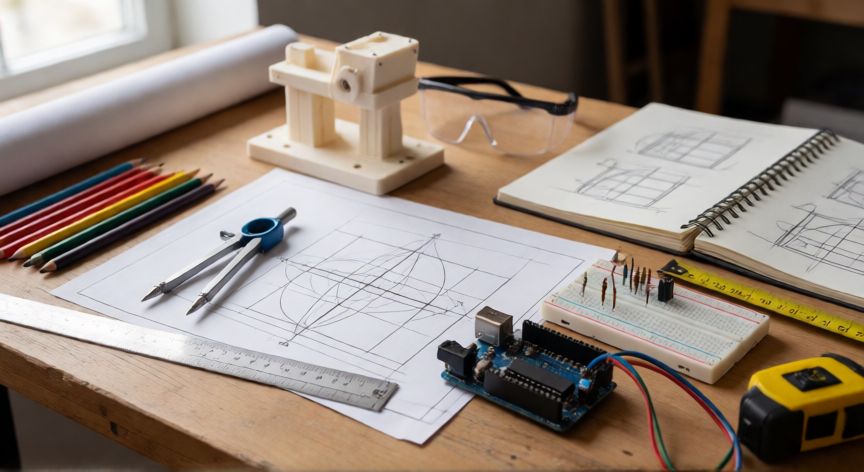 que es la tecnologia 1 eso, Mesa de trabajo con proyecto de Tecnología: dibujo técnico, electrónica y prototipo 3D