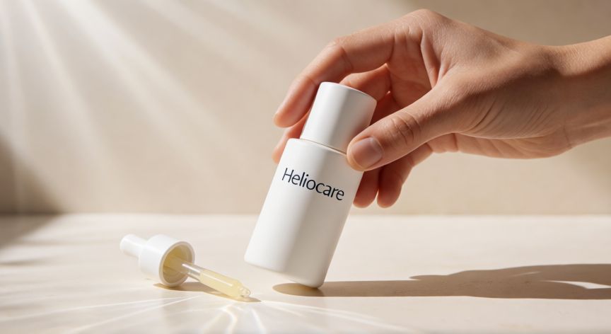 qué es la tecnología 360 de heliocare, Botella de protector solar Heliocare con luz de sol suave en una composición limpia y dermatológica