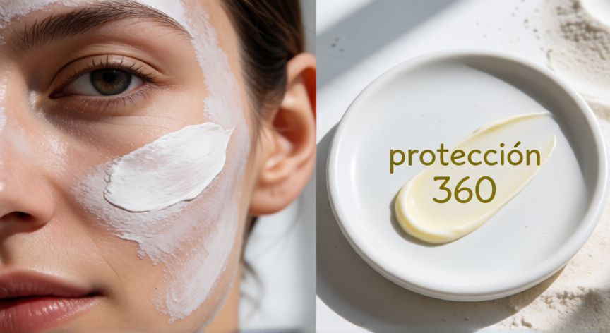 qué es la tecnología 360 de heliocare, Textura de protector solar de aspecto ligero aplicándose en la cara con luz natural suave