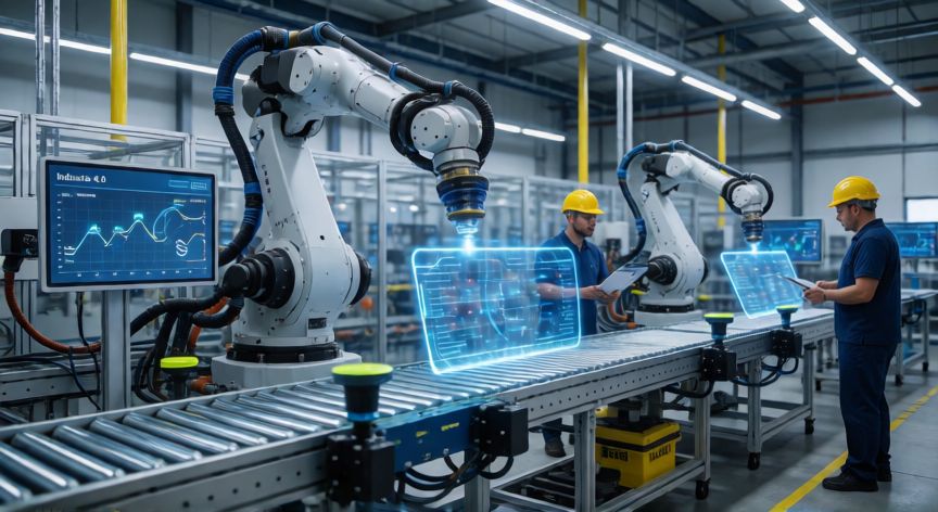 que es la tecnologia 4.0 ventajas y desventajas, Fábrica inteligente con robots y paneles de datos de Industria 4.0