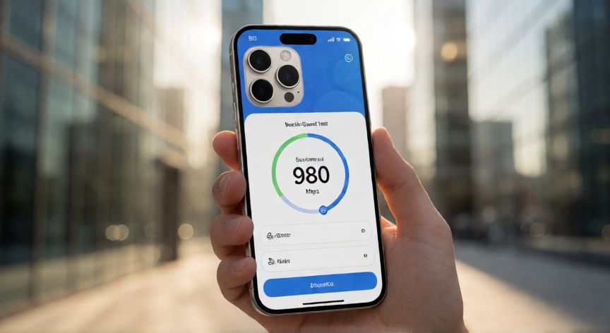 que es la tecnologia 5g en celulares, Smartphone mostrando velocidad de red 5G con 980 Mbps en una app de prueba