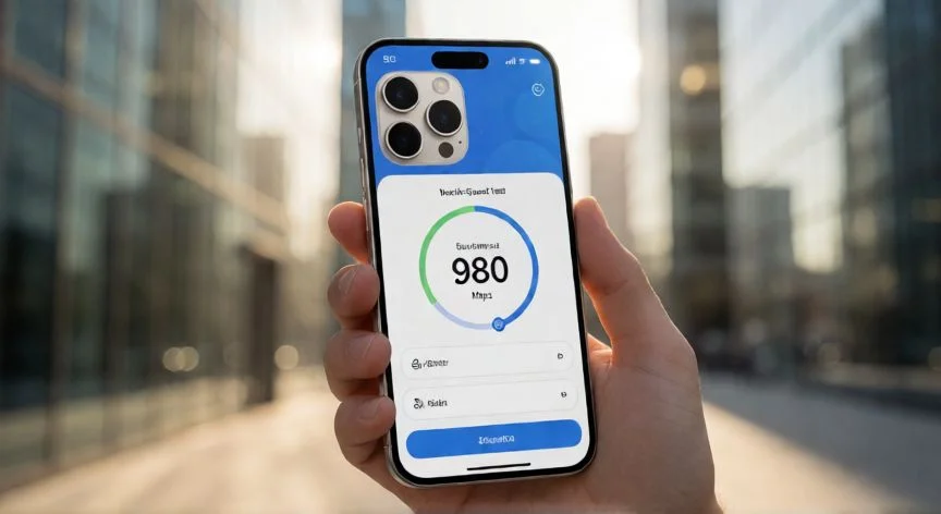 Smartphone mostrando velocidad de red 5G con 980 Mbps en una app de prueba