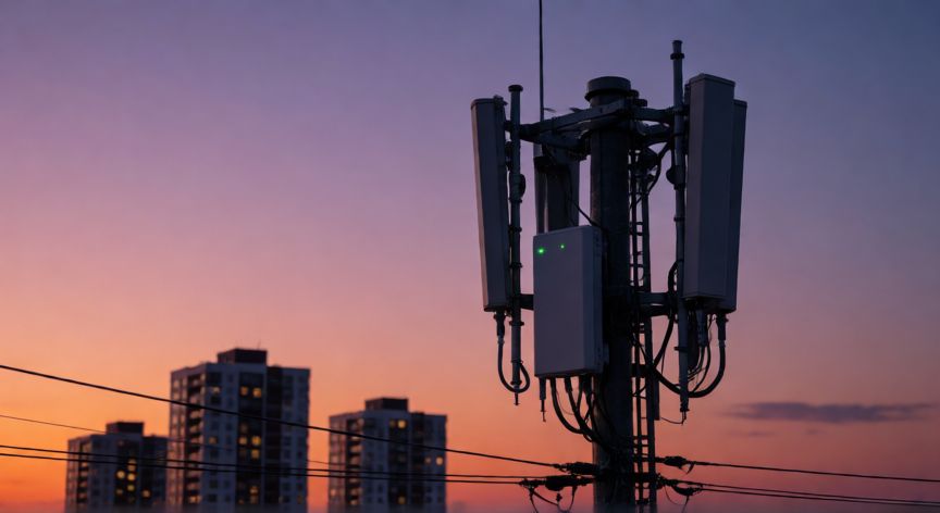 que es la tecnologia 5g en celulares, Torre de telecomunicaciones con antenas 5G al atardecer en una zona urbana