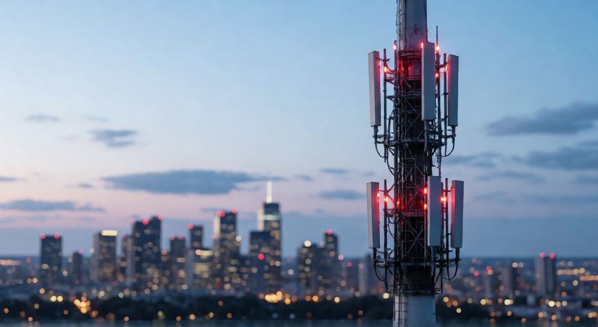 que es la tecnología 5g ventajas y desventajas, Antena 5G en una ciudad al atardecer con iluminación realista