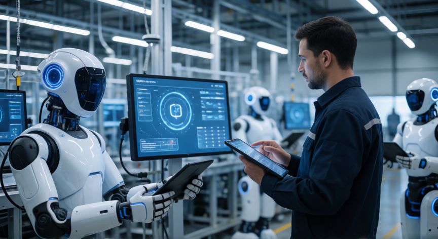 que es la tecnología 5g ventajas y desventajas, Fábrica inteligente con robots y tecnología industrial conectada