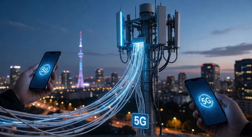 que es la tecnologia 5g y 6g, Antena 5G conectando dispositivos móviles en una ciudad inteligente al atardecer