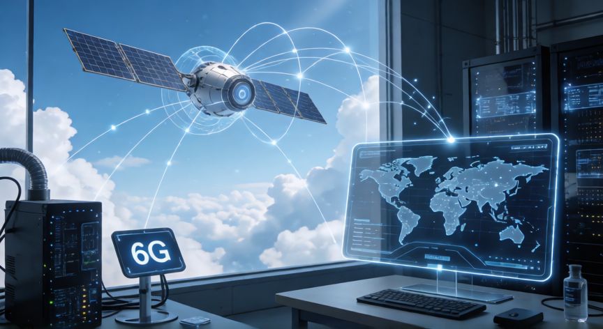 que es la tecnologia 5g y 6g, Concepto visual de red 6G con satélites, IA y conectividad global del futuro