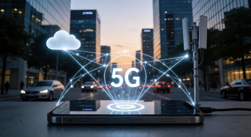 Smartphone con conexion 5G conectada a una red de antenas en una ciudad