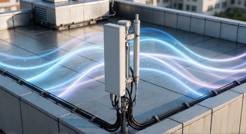 que es la tecnología 5g y como funciona, Antena de base 5G en la azotea de un edificio con ondas digitales visualizadas