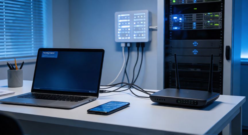 que es la tecnología digital, Entorno de trabajo con tecnología digital: portátil, móvil, router y servidor conectados